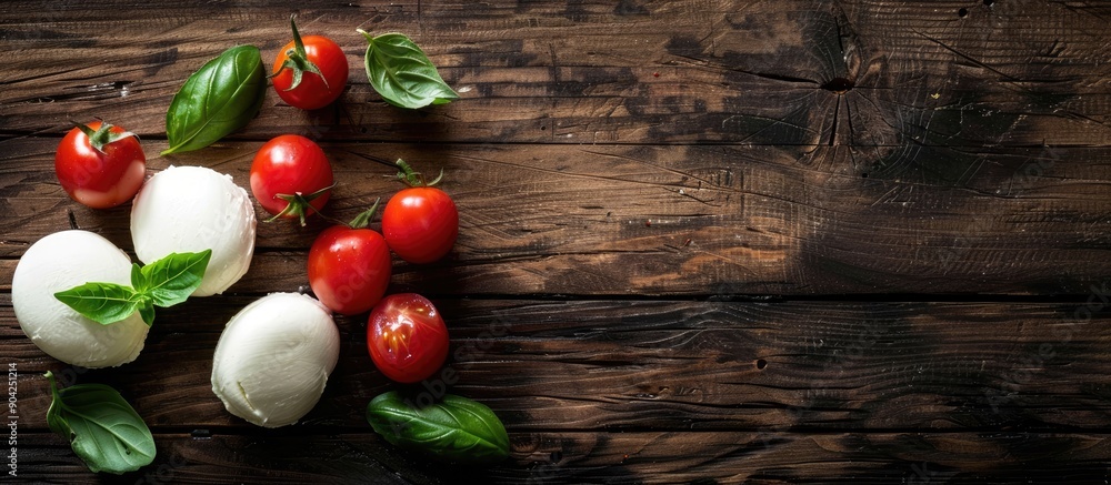 Poster top view of mozzarella paired with basil and cherry tomatoes on a rustic wooden surface providing am