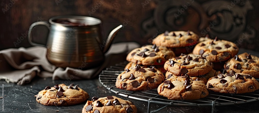 Poster display of chocolate chip cookies on a cooling rack next to a chocolate pot with available copy spac