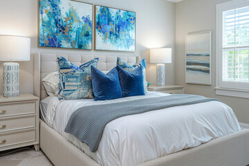 Contemporary bedroom decor with medium-density color splashes integrated into bedding, pillows.