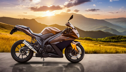 Obraz premium Superbike isolated on road with mountain in the background