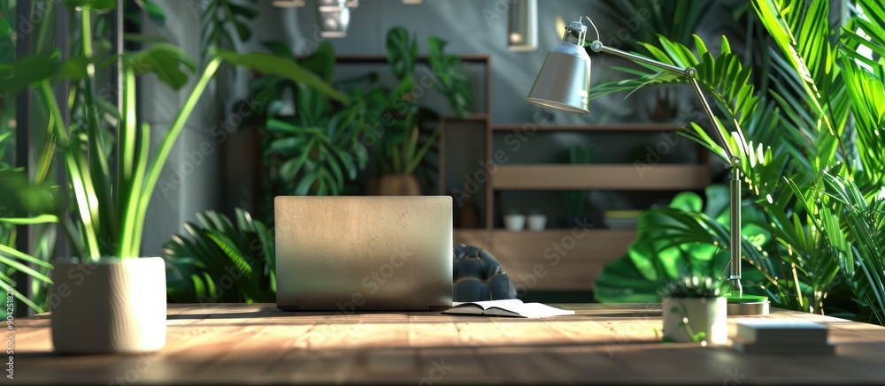 Poster spacious well lit office with an open laptop on the table in the foreground adorned with green plant