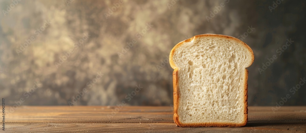 Poster front view of a fresh white bread slice on a wooden table background suitable for a vegan product wi