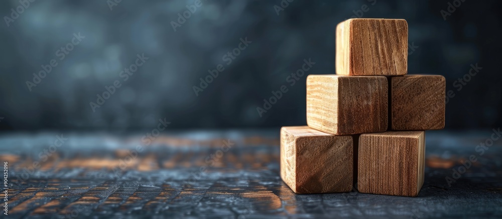 Aufkleber innovative product message on wooden blocks against dark backdrop serving as a symbolic representati
