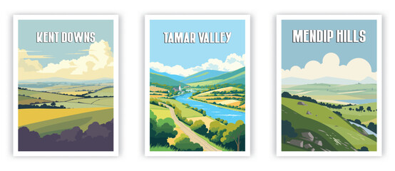 Kent Downs, Tamar Valley, Mendip Hills Illustration Art. Travel Poster Wall Art. Minimalist Vector art