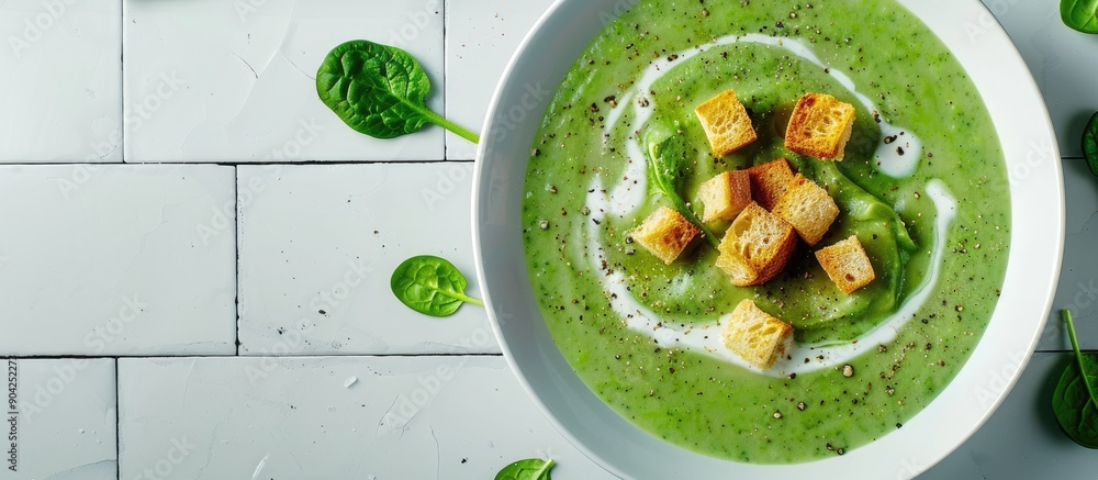 Poster white tiled table showcasing a delectable spinach cream soup with croutons in a flat lay composition