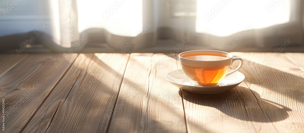 Poster elegant tea cup with space for text on wooden table. copy space image. place for adding text and des