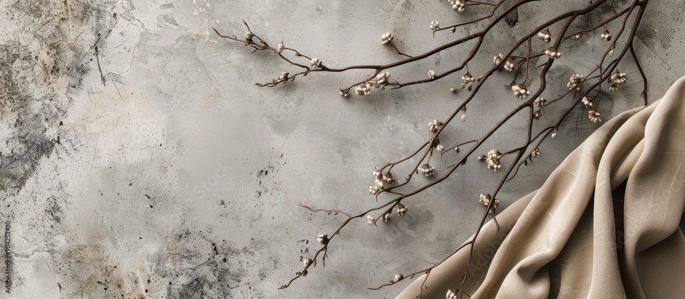 Aufkleber top view of a branch on a concrete background with a cotton fabric next to it offering copy space im