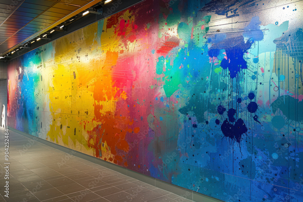 Poster abstract mural installation with medium-density color splashes transforming an urban wall into a vib