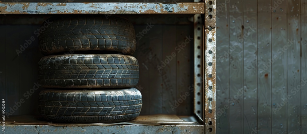 Poster a stack of three worn tires sits on a metal shelf with space for copying images