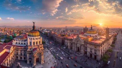 Obraz premium A panoramic view of Mexico City at sunset, showcasing its bustling streets and iconic landmarks.