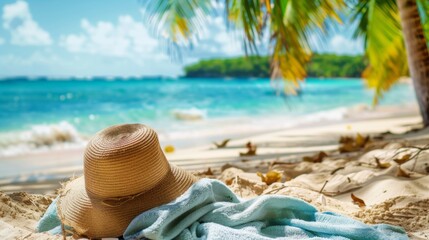 Obraz premium Beach accessories straw hat, towel on sunny tropical Caribbean beach with palm trees and turquoise water, caribbean island