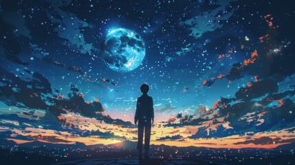Obraz premium A person stands in a field of tall grass at night, looking up at the sky. The sky is filled with stars and a large moon. The scene is peaceful and serene, with the person feeling small