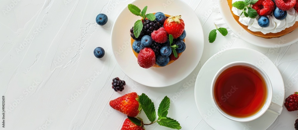 Poster delicious berry pastries and tea on a white table seen from above with room for text around them in 