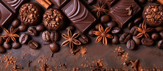 View from the top of coffee beans cinnamon sticks anise stars and chocolate candies on a background with space for copying images