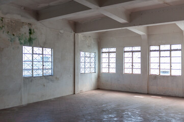 Bright, empty room with large glass block windows and clean walls. Ideal for renovation, office...
