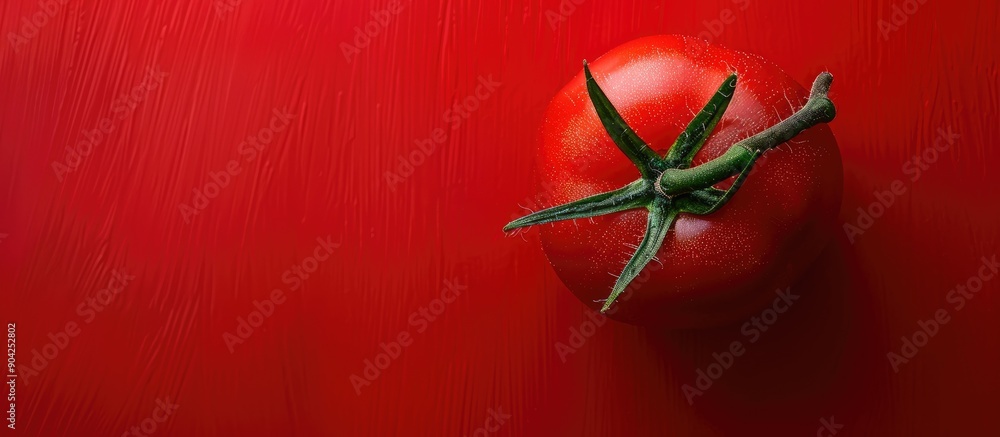 Poster top view of a vibrant red tomato placed on a matching red background with space for additional image