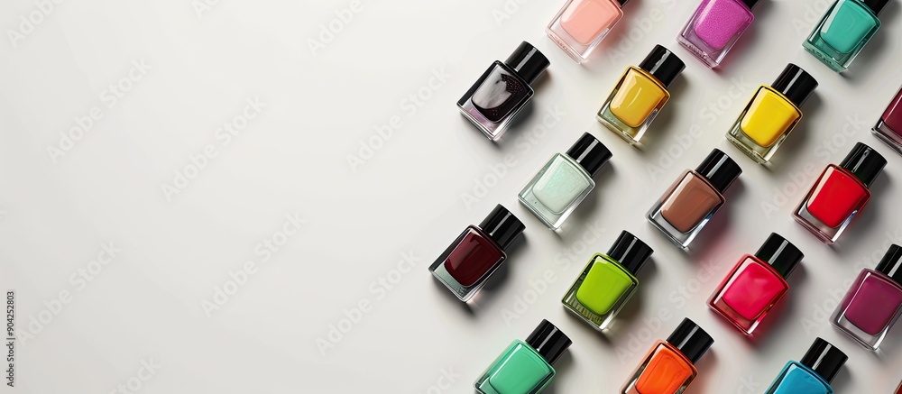 Poster colorful nail polish bottles arranged on a white surface in a flat layout with ample copy space for 