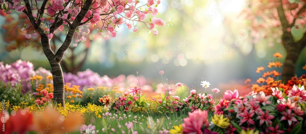 Poster blossoming simpor tree and various flowers in the garden add color with copy space image