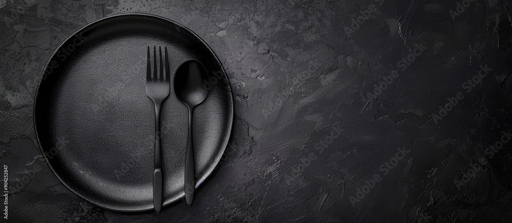 Poster top view of an empty black plate accompanied by a fork and spoon on a black texture background ideal