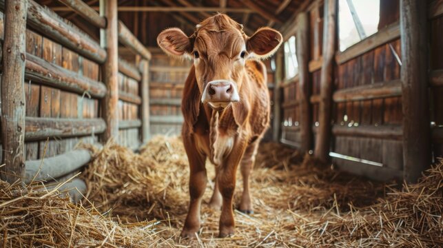 Brown cow standing indoor in wooden barn stall surrounded by hay. Domestic livestock cattle on a cowshed ranch, countryside - Powered by Adobe