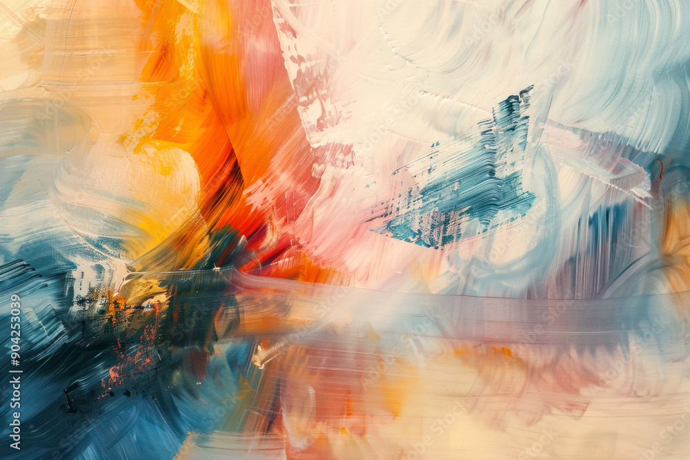 Poster abstract artwork with medium-density color splashes, dynamic brushstrokes, and layers of texture.