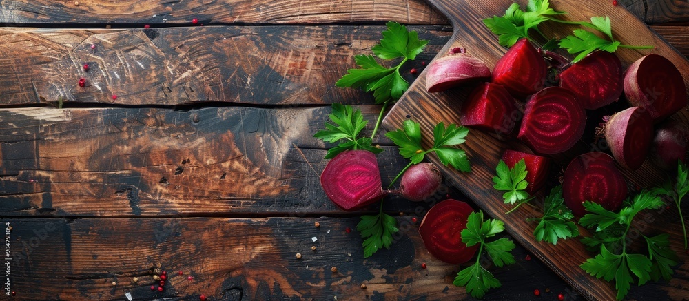 Aufkleber boiled beets arranged on a cutting board with parsley leaves set on a wooden backdrop image with cop