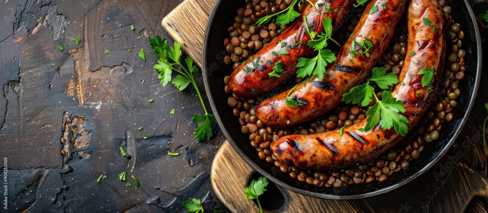 Poster a rustic top view image with copy space of a fresh second course meal featuring sausages and lentils