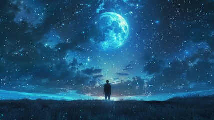 Obraz premium A person stands in a field of tall grass at night, looking up at the sky. The sky is filled with stars and a large moon. The scene is peaceful and serene, with the person feeling small