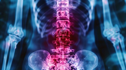 3D X-Ray Scan Showing Lumbar Spine with Pain and Joint Issues Highlighted in Red