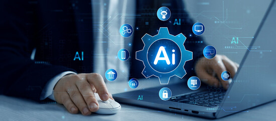 Ai applications development concept.Artificial Intelligence and data analytics, robotic process.Ai...