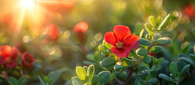 Blooming red purslane flower with green leaves background shining in morning sunlight in a close up copy space image