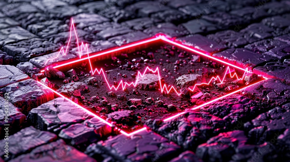 Poster futuristic digital landscape with neon graph data visualization on textured ground. perfect for tech