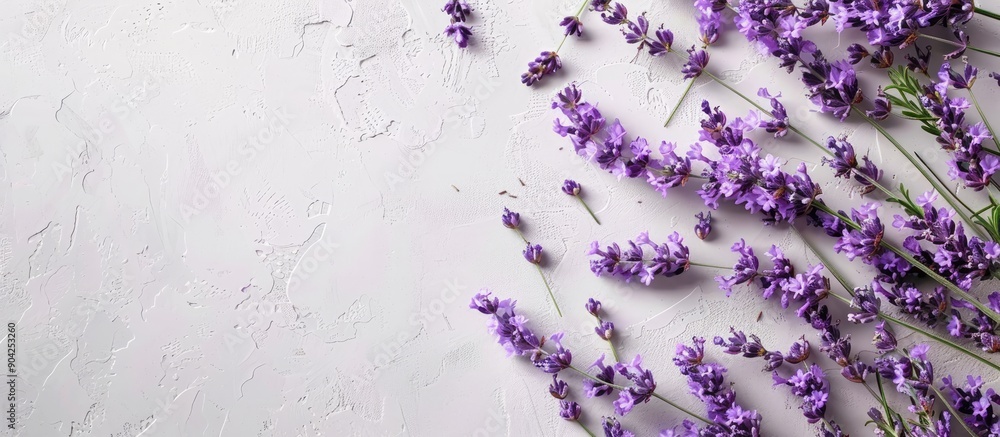 Poster top view of lavender flowers on white concrete surface with an empty paper providing copy space imag
