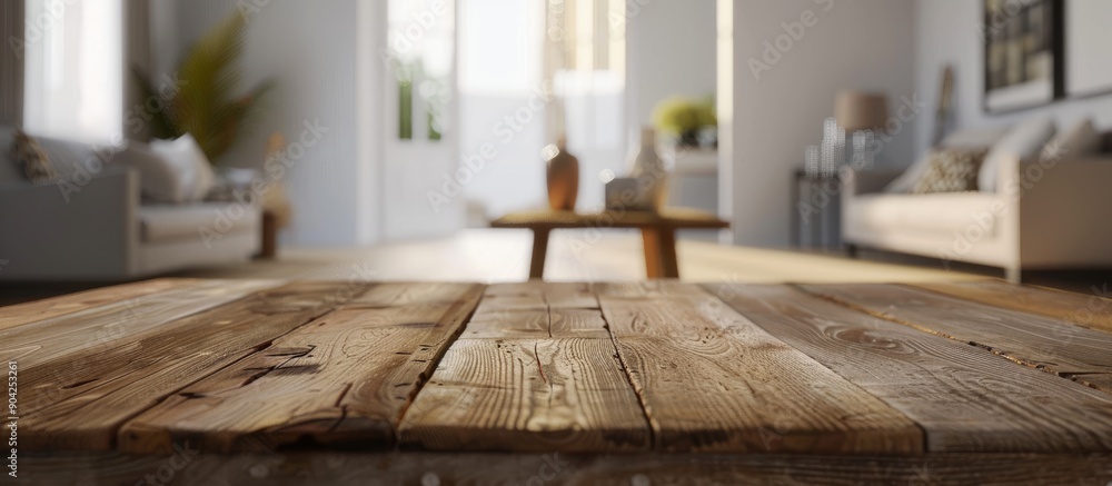 Poster wooden table with empty space for displaying items in a lovely blurred living room setting to fit a 