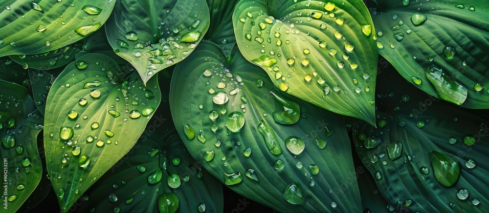 Canvas Prints Close up photography of raindrops on a large green Hosta plantaginea leaf in a park setting during the morning with a seasonal environmental backdrop creating a serene copy space image