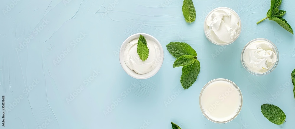 Canvas Prints Top view of various dairy products and fresh mint against a light blue backdrop with room for text in copy space image