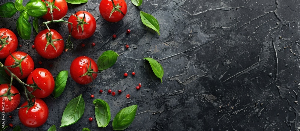 Poster fresh cherry tomatoes and vibrant green basil on a textured backdrop with a place for text image sui