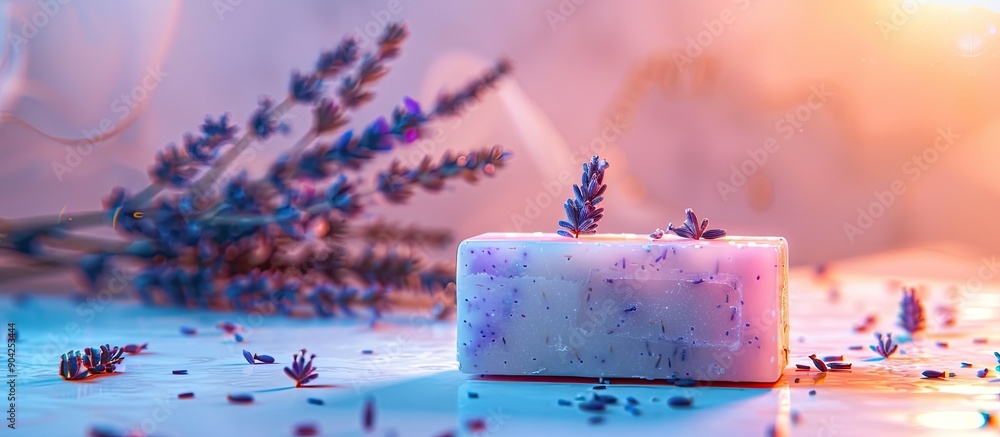 Poster lavender adorned soap bar displayed on a light table with a colorful backdrop suitable for any copy 