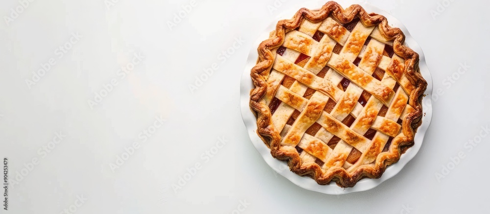 Poster top view of apricot pie on a white background with copy space image