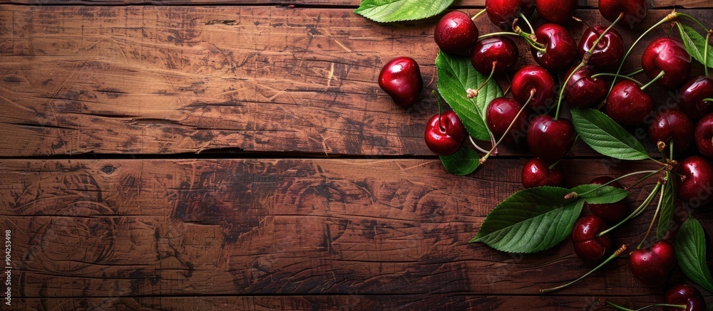 Poster fresh ripe cherries with leaves on a textured wooden background creating a copy space image for vega