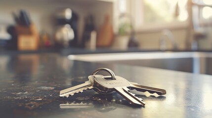 A set of keys with a unique fob rests on a neatly arranged kitchen counter illuminated by natural light