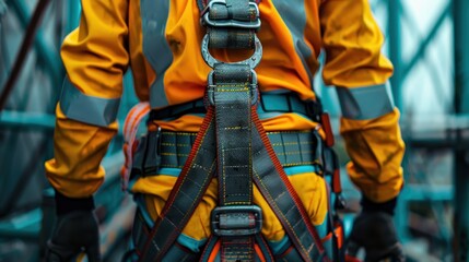 A person wearing a harness with orange straps. The straps are red and yellow