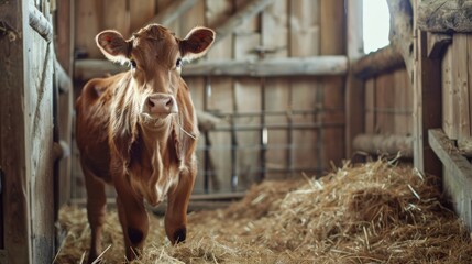 Brown cow standing indoor in wooden barn stall surrounded by hay. Domestic livestock cattle on a cowshed ranch, countryside