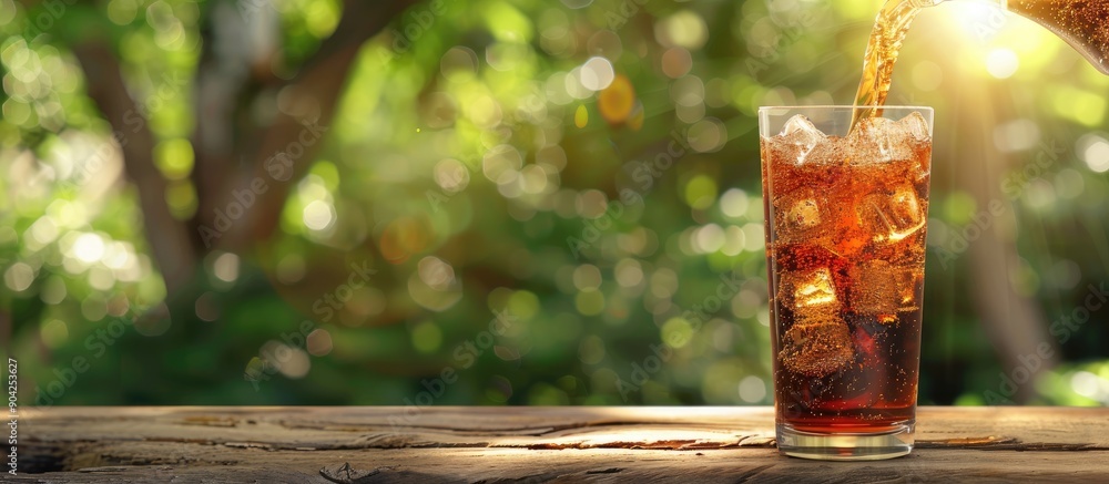 Poster cola being poured into a glass with ice placed on a wooden table outside with a blank background for