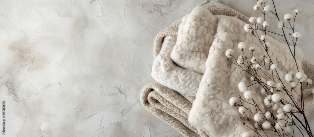 Poster high quality photo of wool products with a soft cashmere texture on a textile background with copy s