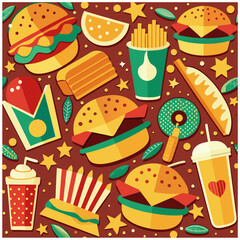 Retro cartoon fast food seamless pattern, sticker.