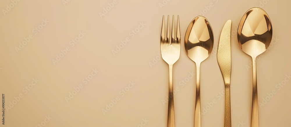 Poster golden cutlery displayed elegantly on a beige backdrop with copy space image