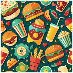 Retro cartoon fast food seamless pattern, sticker.