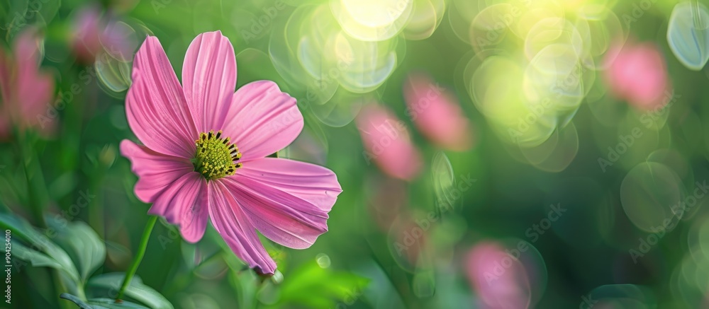 Sticker Pink flower in focus against a blurred green backdrop with copy space image for a natural ecology concept