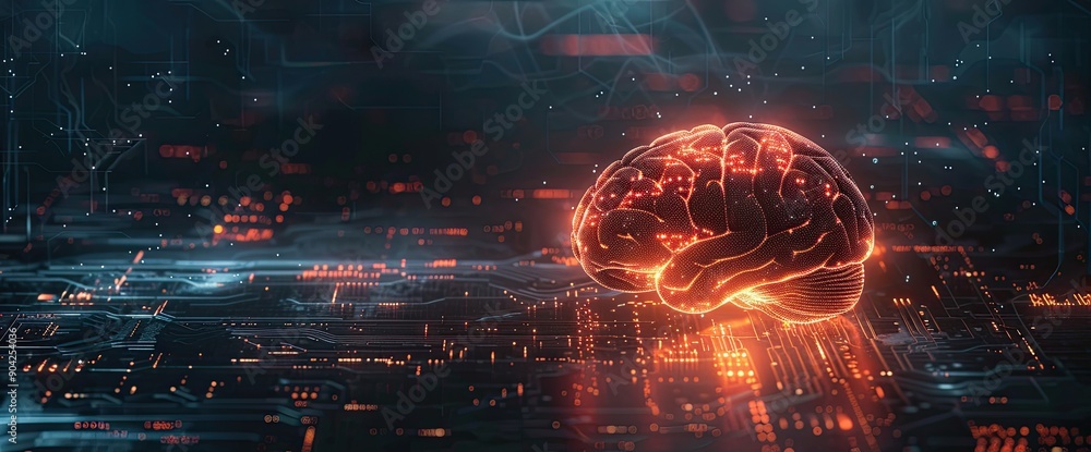Poster human brain made from circuit board, hologram with glowing light effects on dark background, panoram